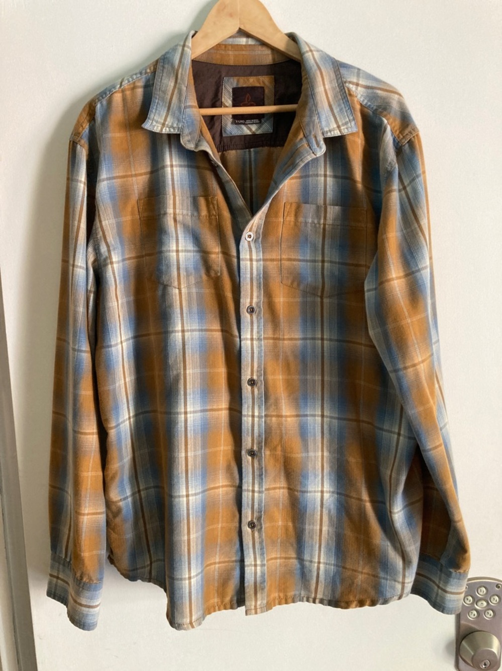 Prana Mens Size XL Plaid Cotton Shirt Button Front Long Sleeve